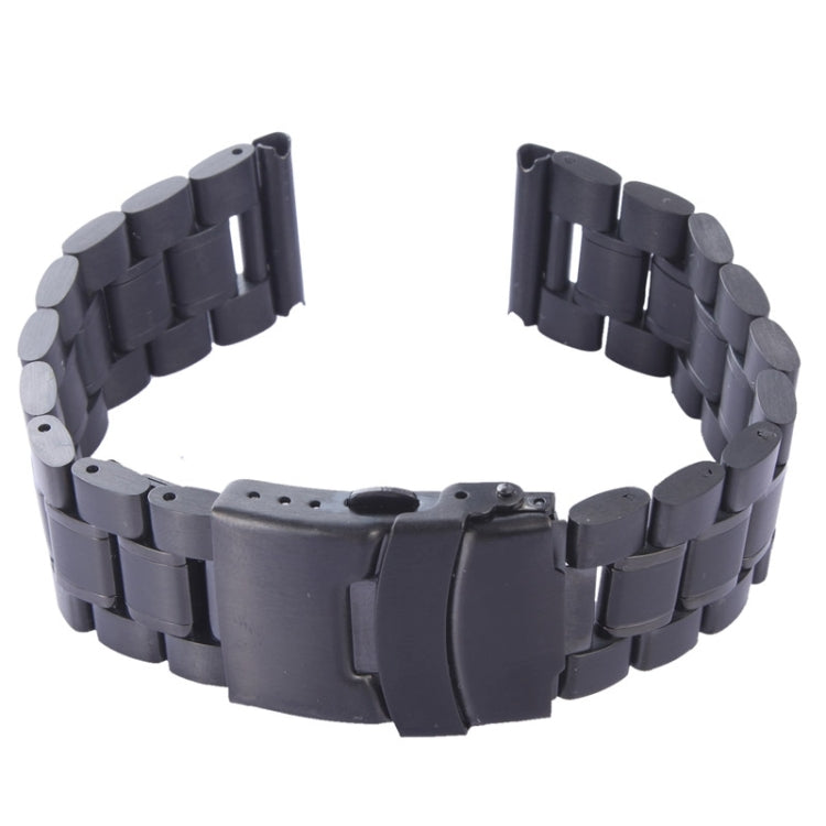 Black metal link watch band inner view with buckle clasp and perforated strap