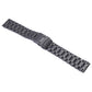 Black metal link watch band laid flat with sliding clasp center