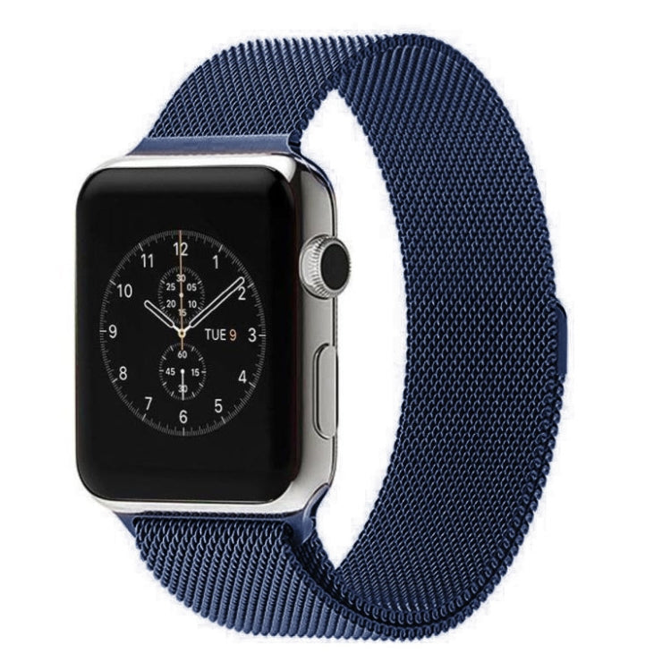 Blue milanese loop Apple Watch band with magnetic clasp on black watch