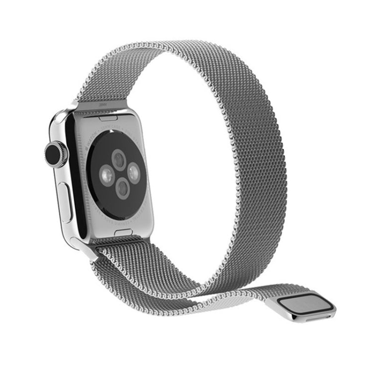 Silver milanese loop Apple Watch band around watch body, side profile