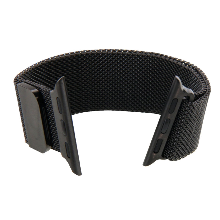 Black Milanese loop magnetic watch band shown from the band opening