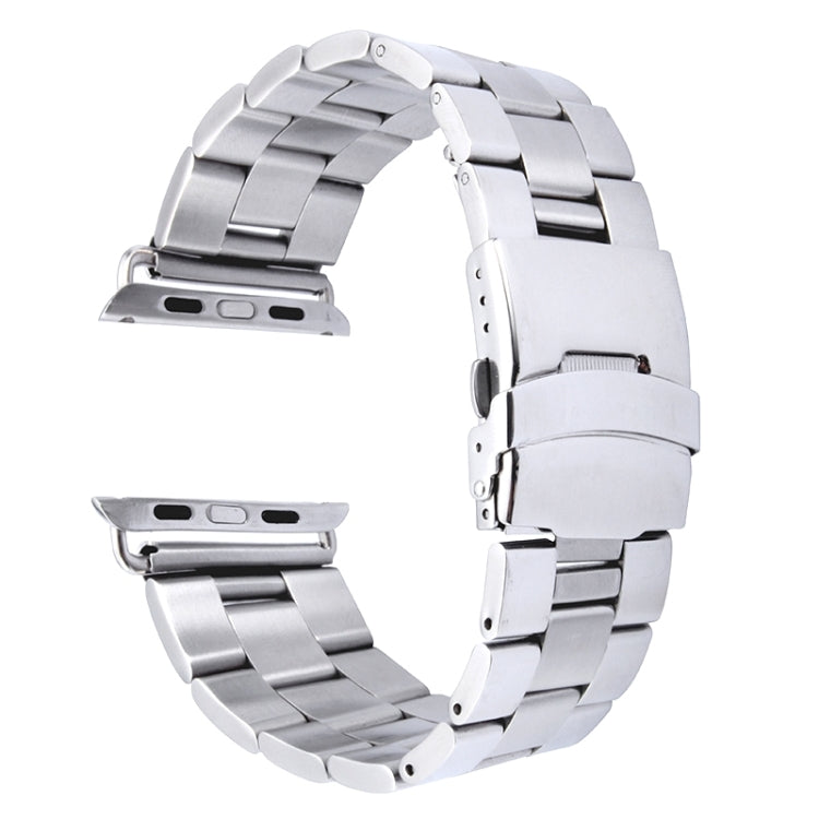 Stainless steel watch band with classic buckle and link bracelet, silver metal finish