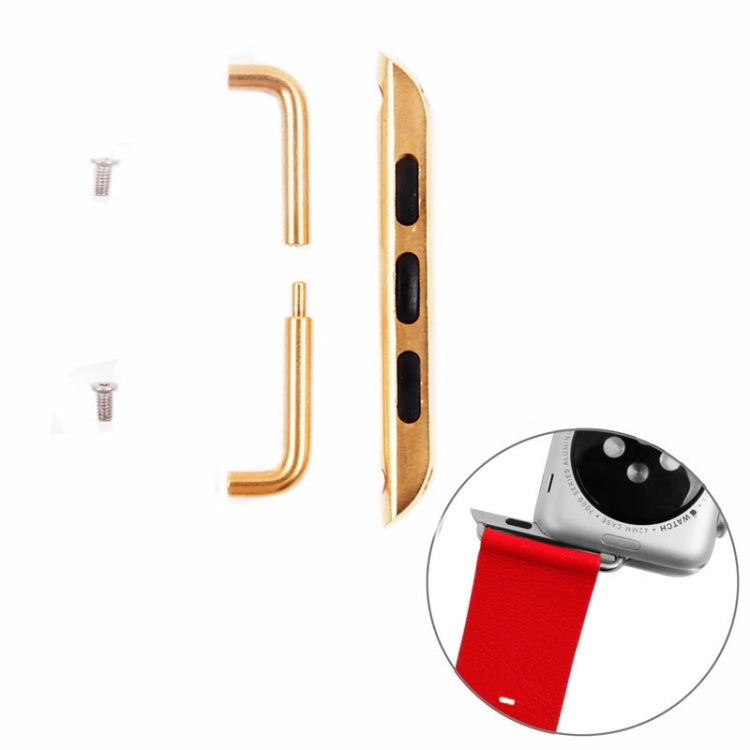 Gold metal Apple Watch strap connector pair with black cutouts and included screws