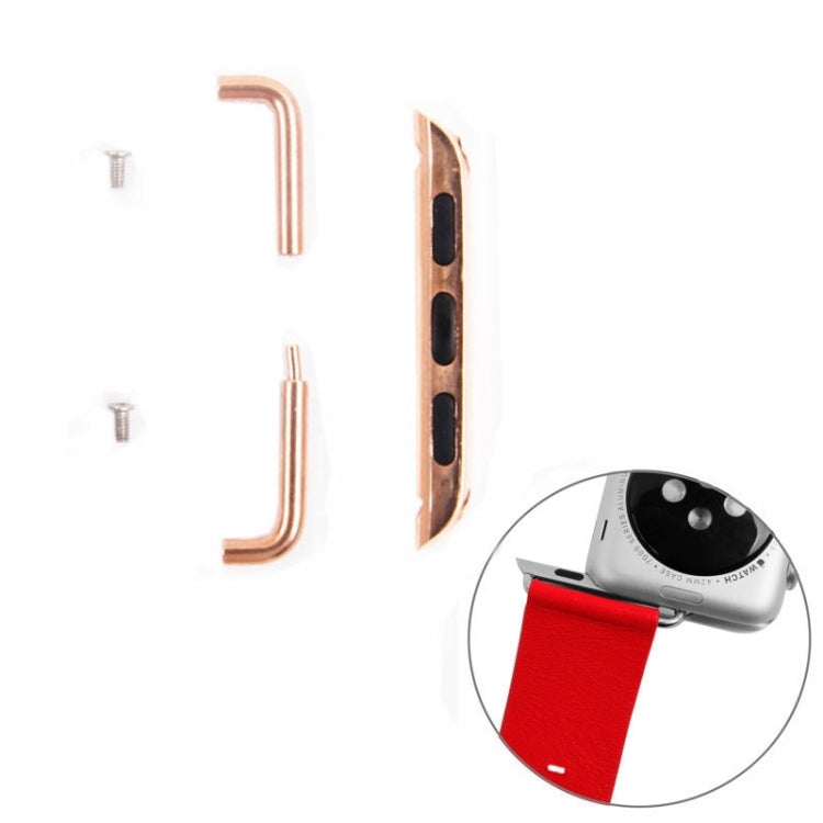 Rose gold metal Apple Watch strap connector pair with black cutouts and included screws