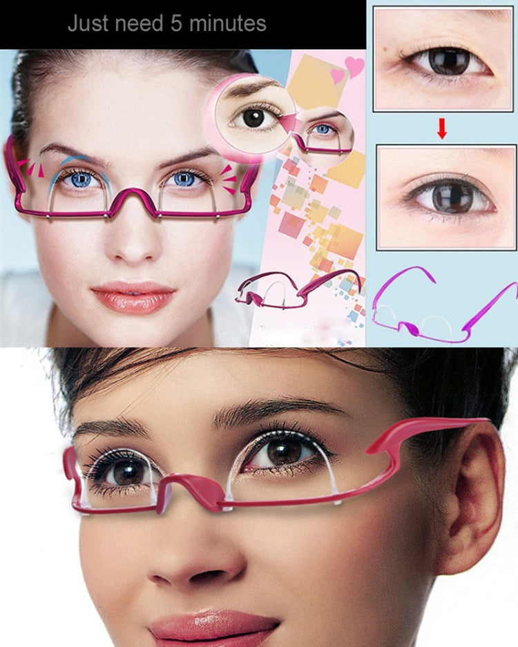 Double eyelid trainer glasses with pink frame on face, eye area shown