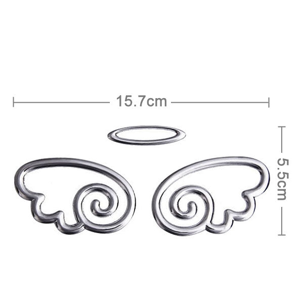 3D car sticker set with silver angel wing shapes and swirl accents, 15.7 cm wide