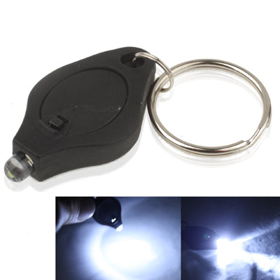 Mini LED flashlight keychain, black body, bright white light from LED head