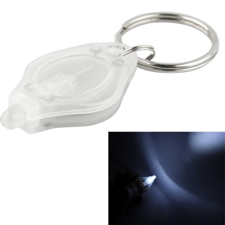 Mini LED flashlight keychain, clear translucent body, bright white light at front