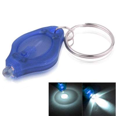 Mini LED flashlight keychain, blue translucent body, cool blue light beam