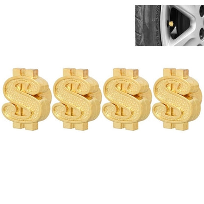 Set of 4 gold dollar-sign car tire valve caps, plastic, front view