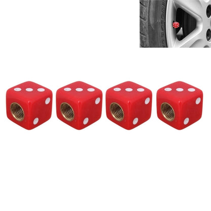 Pack of 4 red dice-shaped plastic tire valve caps with brass threaded inserts