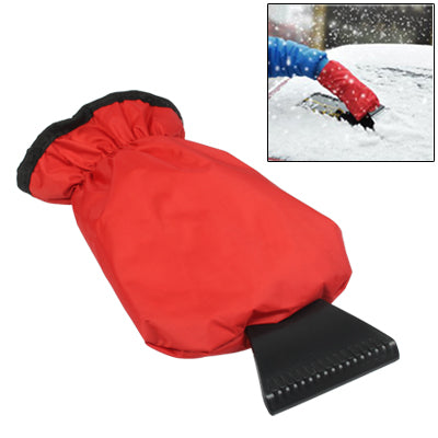 Red snow and ice shovel with protective sleeve and black scraper blade