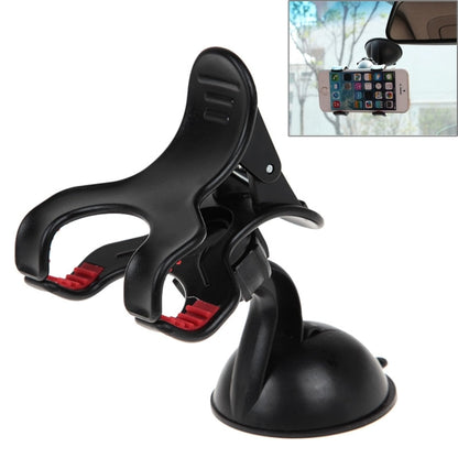 Universal car phone holder with suction base, dual spring clamps and red grip pads