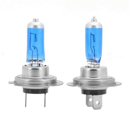 H7 halogen headlight bulb with blue glass tube and silver metal base, two-prong pins
