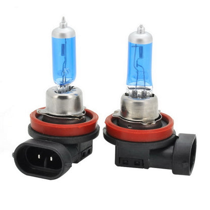 H11 halogen headlight bulb pair with blue glass lamps and black housings, red rings