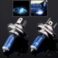 Pair of halogen headlight bulbs with blue glass tubes and silver metal mounting tabs