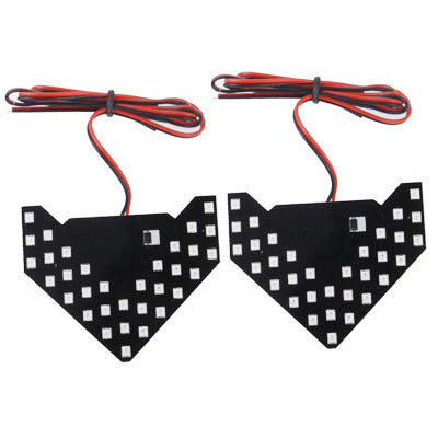 Car side mirror LED arrow light set, two black panels with red/black wire leads