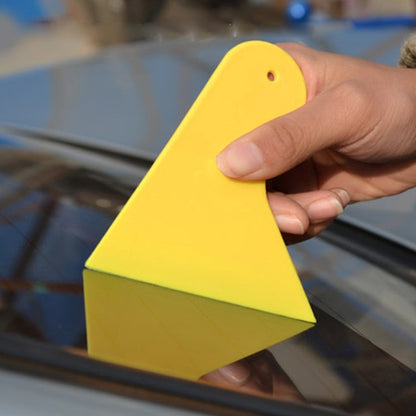 Yellow car window film scraper tool with thumb-hole, triangular wedge shape