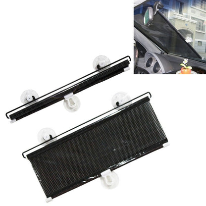 Retractable car window sun shade with black mesh screen and suction cups