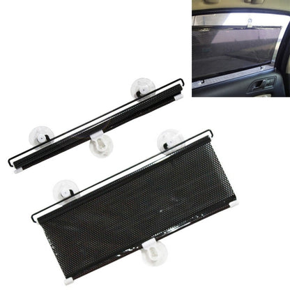 Retractable car sun shade with black mesh screen and metal frame, mounted on suction cups