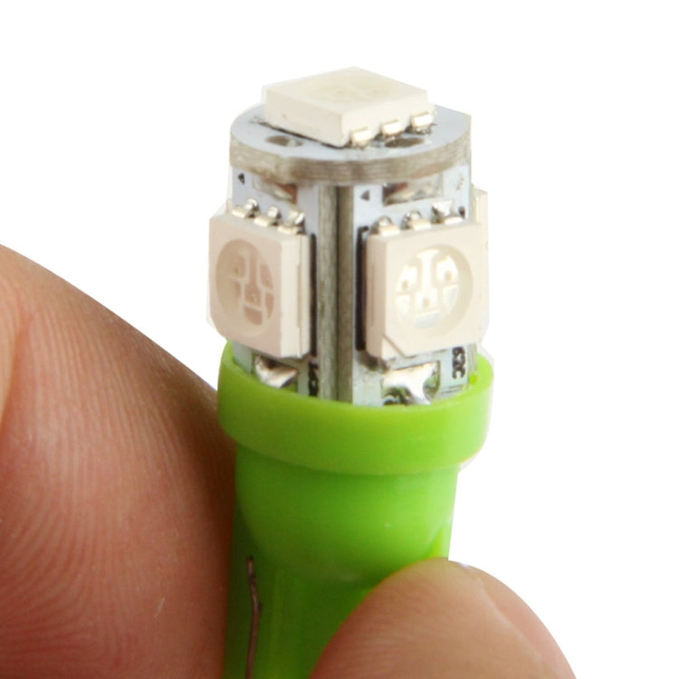 Green T10 LED signal bulb detail, SMD LED chips inside wedge-style base