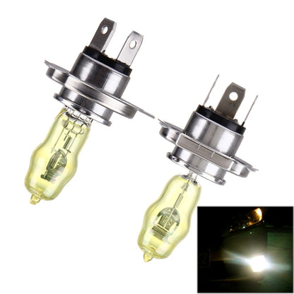 H4 xenon pure yellow bulbs with silver metal base and two-pin caps, pair shown