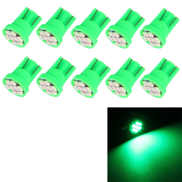 Set of 10 T10 wedge LED signal bulbs with green illumination, green bulb housings