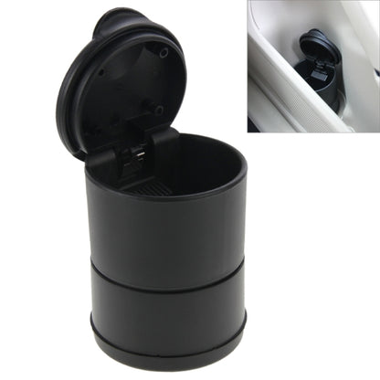 Black portable car ashtray with hinged lid open and round interior ash cup.