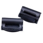 Black car seat belt adjuster clips, two-piece set shown on white background