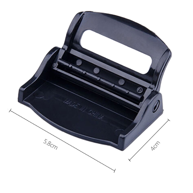 Black car seat belt adjuster clip with open window, measured size view