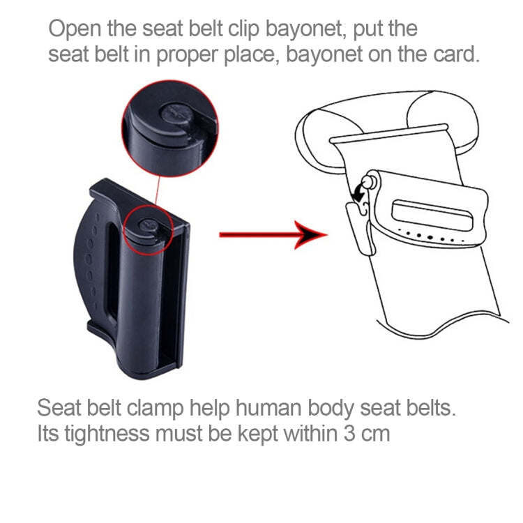 Seat belt clamp adjuster kit with black clip shown holding the seat belt webbing