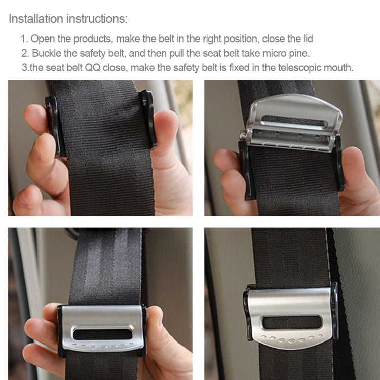 Car seat belt adjuster clip shown by a hand during installation, black latch