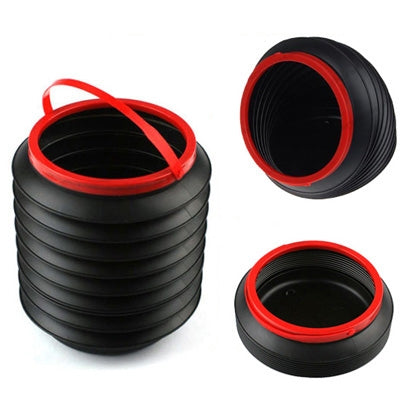 Folding black car container with red rim and carry handle, stacked pleats