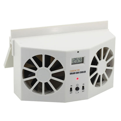 Solar-powered car air vent fan cooler with dual side fans and temperature display screen