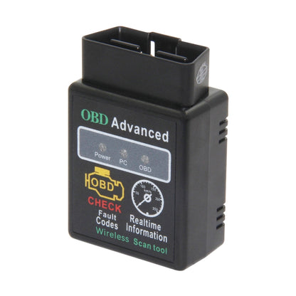 Black OBDII Bluetooth scan tool with OBD Advanced label and status icons