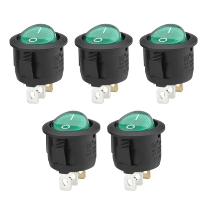 Set of five black rocker switches with green LED ring and “0” marking