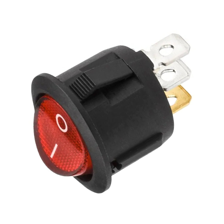 Red illuminated rocker switch with on/off icon, black housing, two electrical terminals