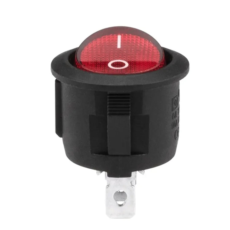 Red illuminated round rocker switch, white on/off marking, black body, front view