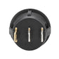 Back view of red illuminated rocker switch, black housing with three metal terminals