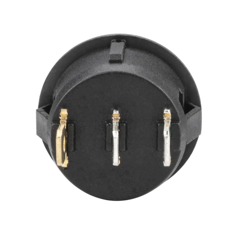 Back view of red illuminated rocker switch, black housing with three metal terminals