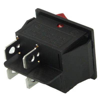 Black rocker switch with mounting lugs and prongs, showing red indicator window