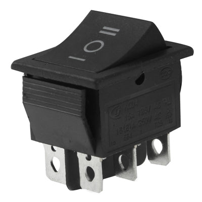 Black 3-position rocker switch with ON-OFF-ON marking and terminal pins