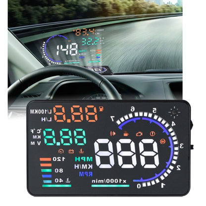 Car OBDII HUD projector with colorful LED gauge display shown in vehicle