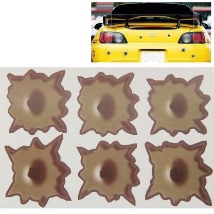 Set of 6 brown starburst bullet-hole style car stickers in a 3x2 layout