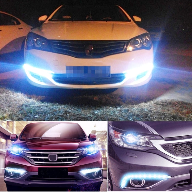 Car front with bright blue-white daytime running lights from LED light strips