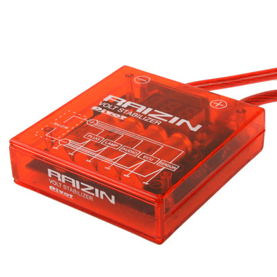 Red transparent DC voltage stabilizer module with terminal labels and wires