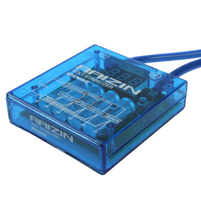 Blue transparent DC voltage stabilizer module with digital display and wire leads