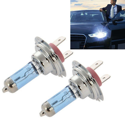 H7 halogen headlight bulbs pair with metal base and clear blue glass capsules.
