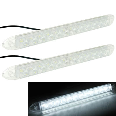Pair of white LED DRL light bars with clear covers and attached black wires