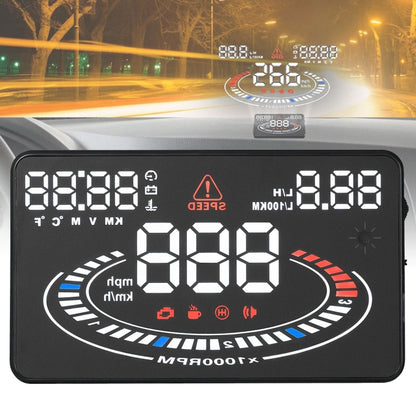 Black E300 car HUD head up display with bright digital speed and warning icons.
